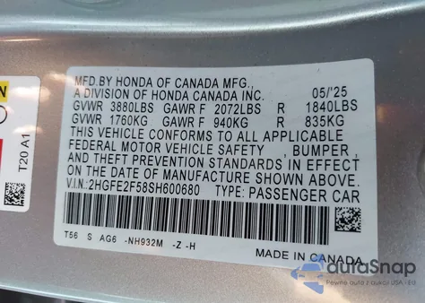 2025 Honda Civic Sport z USA, uszkodzony, nr VIN 2HGFE2F58SH600680